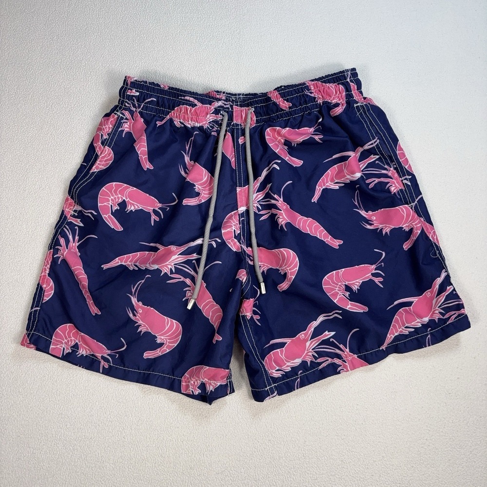 Vilebrequin Swim Trunks Men's S Navy Pink Shrimp Mesh Lined Drawstring *STAIN*